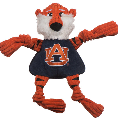 Aubie the Tiger Knottie dog toy, front view with black-striped orange arms and legs tied in knots
