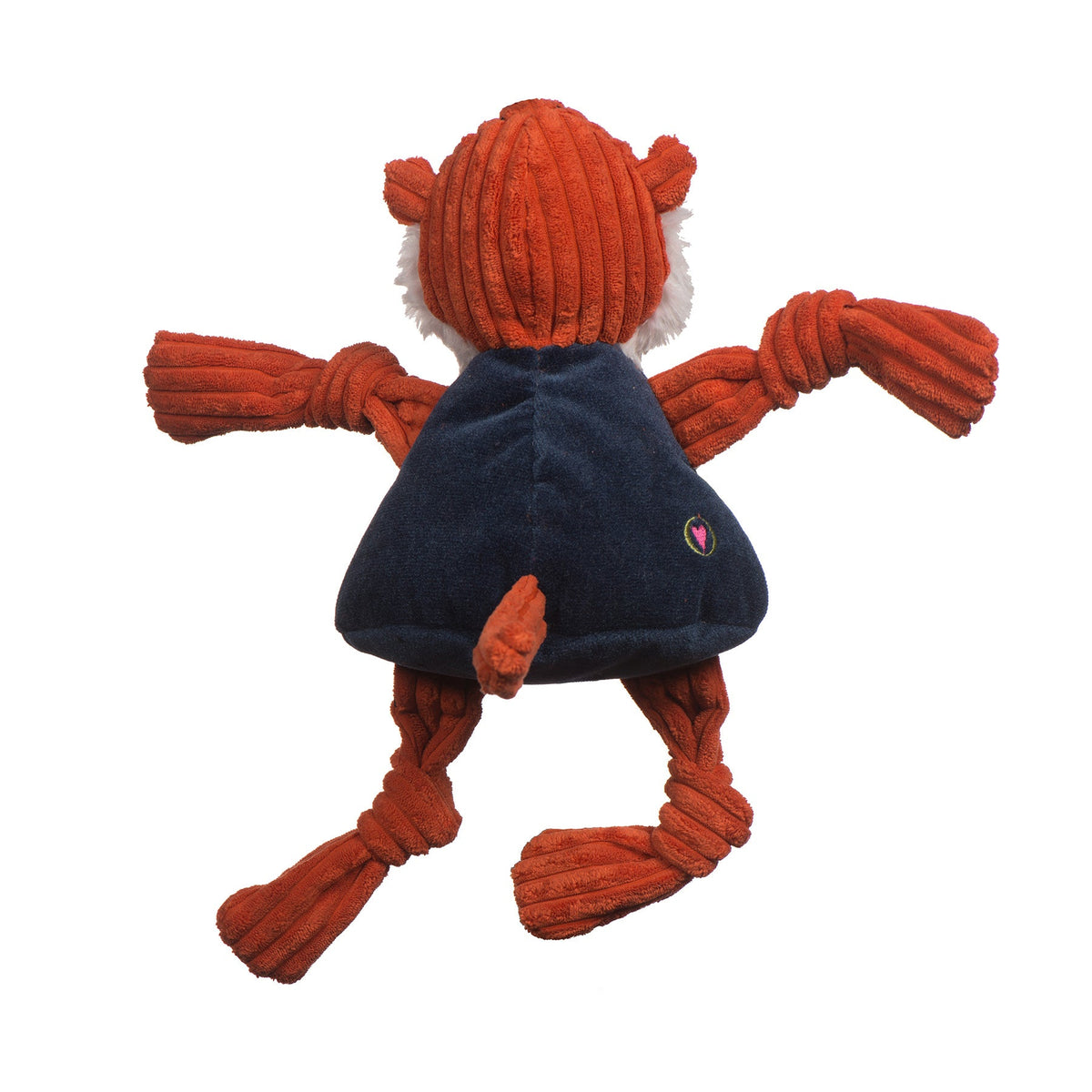 Aubie the Tiger Knottie dog toy from the back, navy shirt and a short orange tail