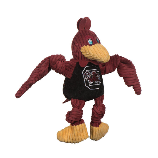 HuggleHounds South Carolina Cocky Knottie plush dog toy on white, garnet corduroy gamecock with a yellow beak