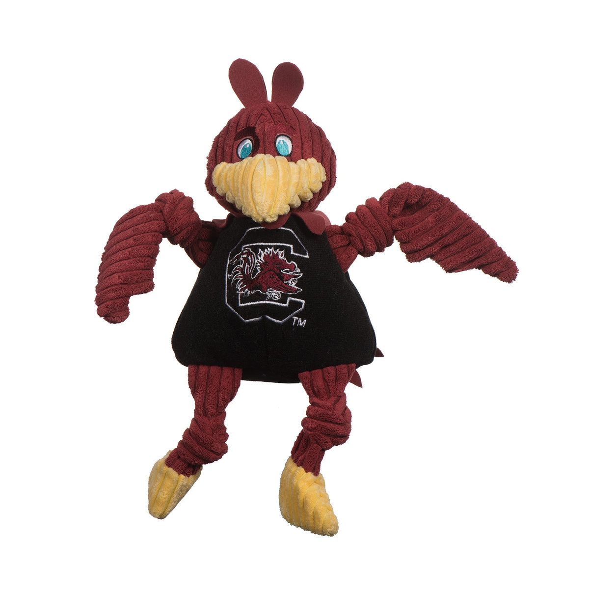 Cocky Knottie dog toy, front view with blue eyes, knotted garnet wings and the Gamecocks logo on a black shirt