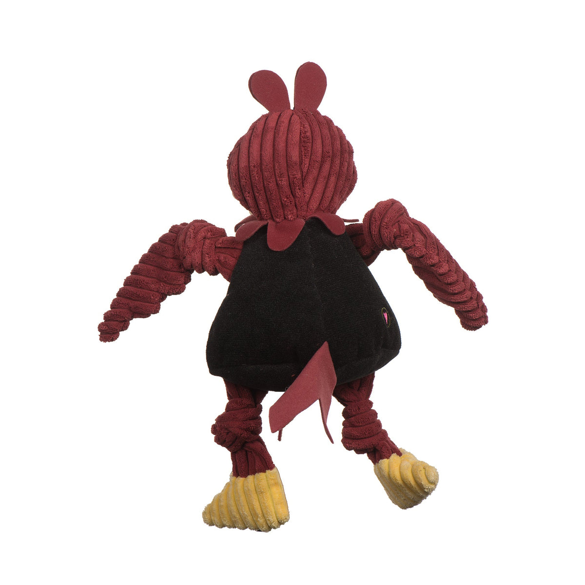 Cocky Knottie dog toy from the back, two-point comb, black shirt and garnet tail flap