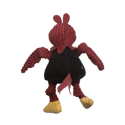 Cocky Knottie dog toy from the back, two-point comb, black shirt and garnet tail flap