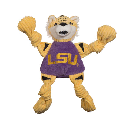 HuggleHounds LSU Mike the Tiger Knottie plush dog toy on white, gold corduroy, white mane and purple LSU shirt