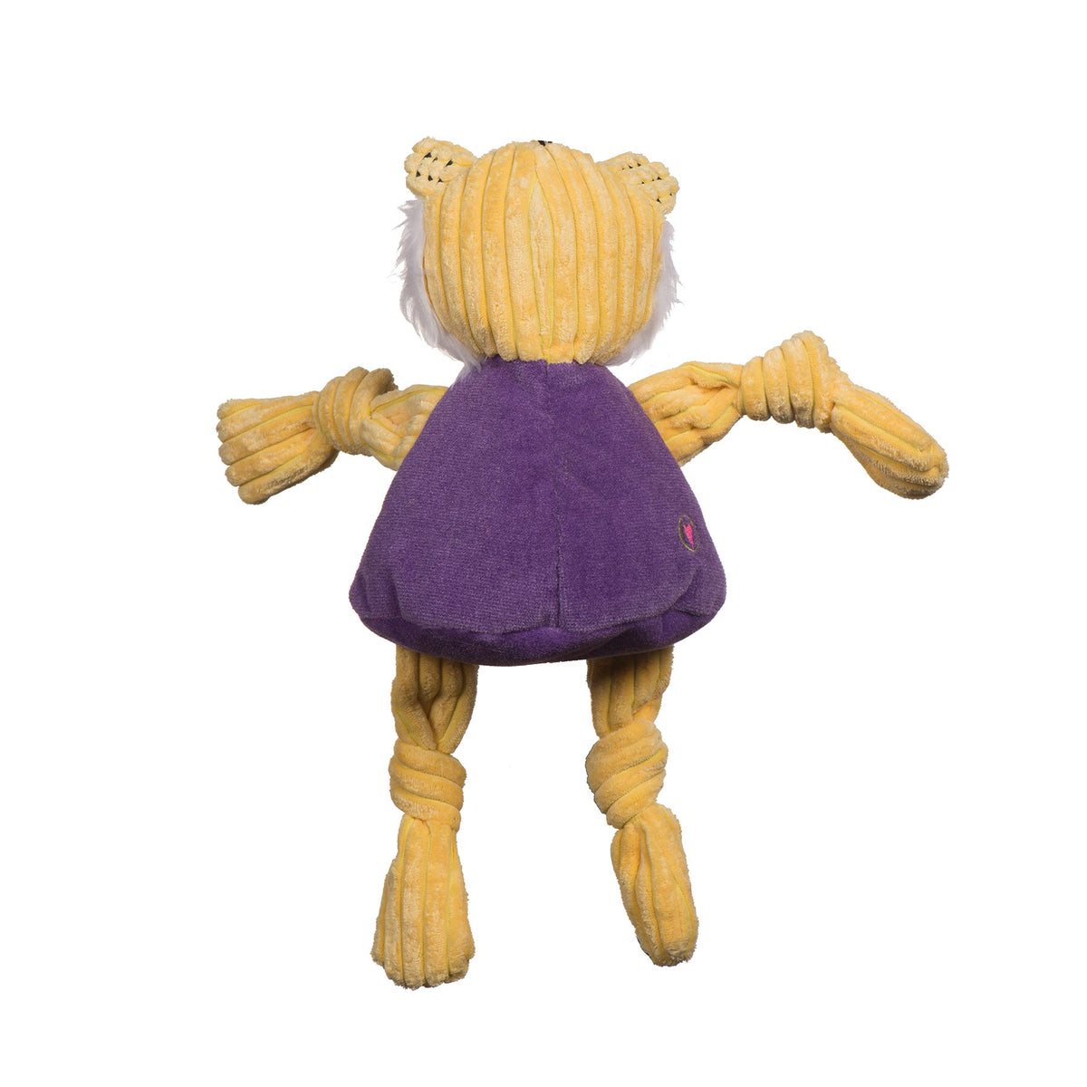 Mike the Tiger Knottie dog toy from the back, purple shirt and gold corduroy head