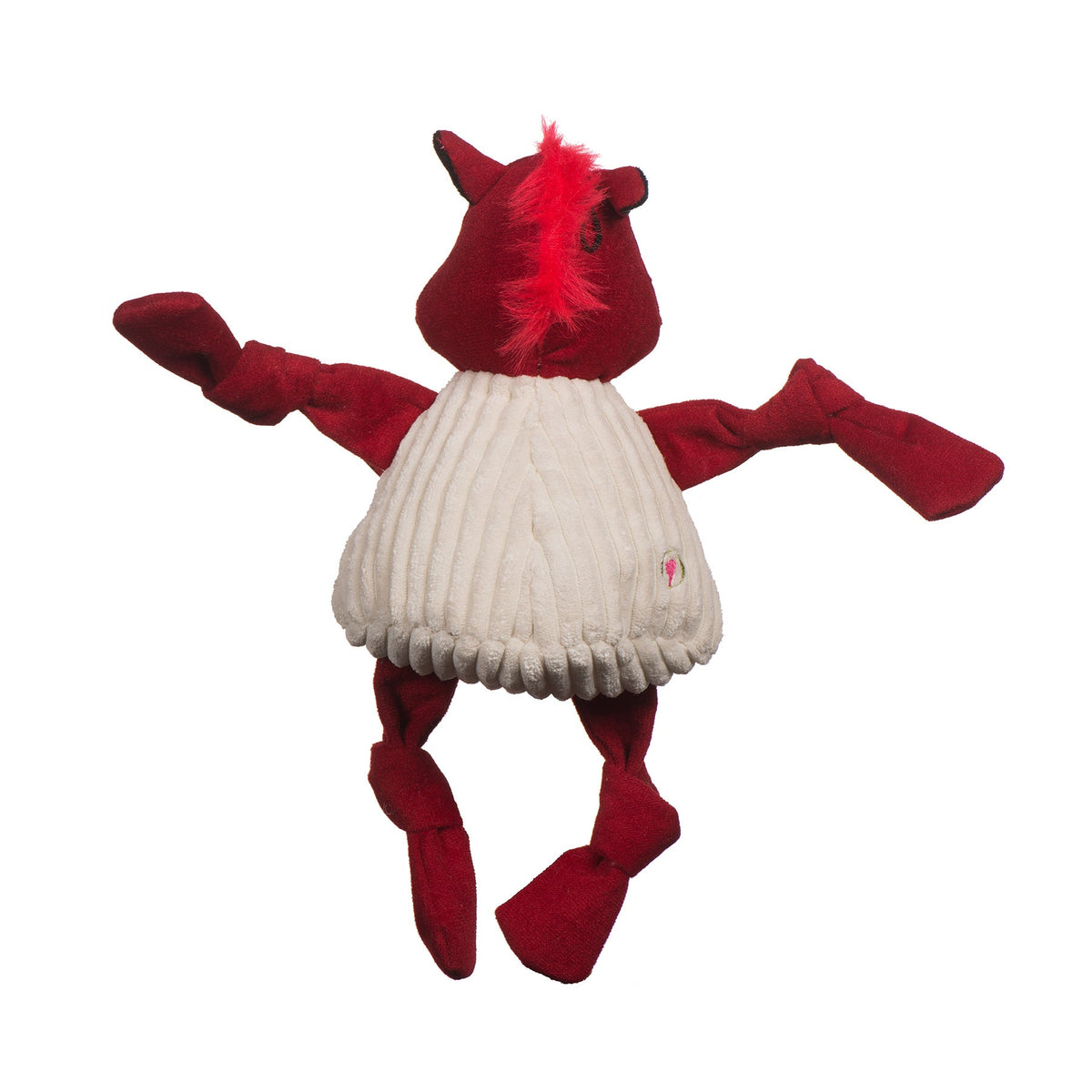 Tusk the Razorback Knottie dog toy from the back, strip of red fur down the head and cream corduroy shirt