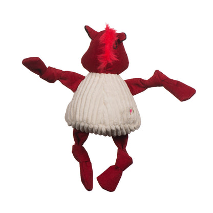 Tusk the Razorback Knottie dog toy from the back, strip of red fur down the head and cream corduroy shirt