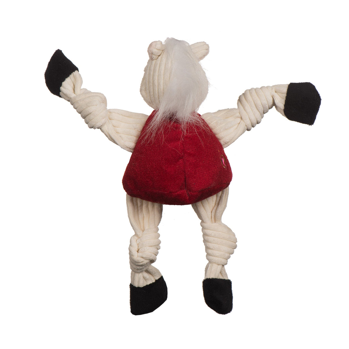 Sooner Knottie dog toy from the back, white mane down the neck and knotted cream corduroy legs