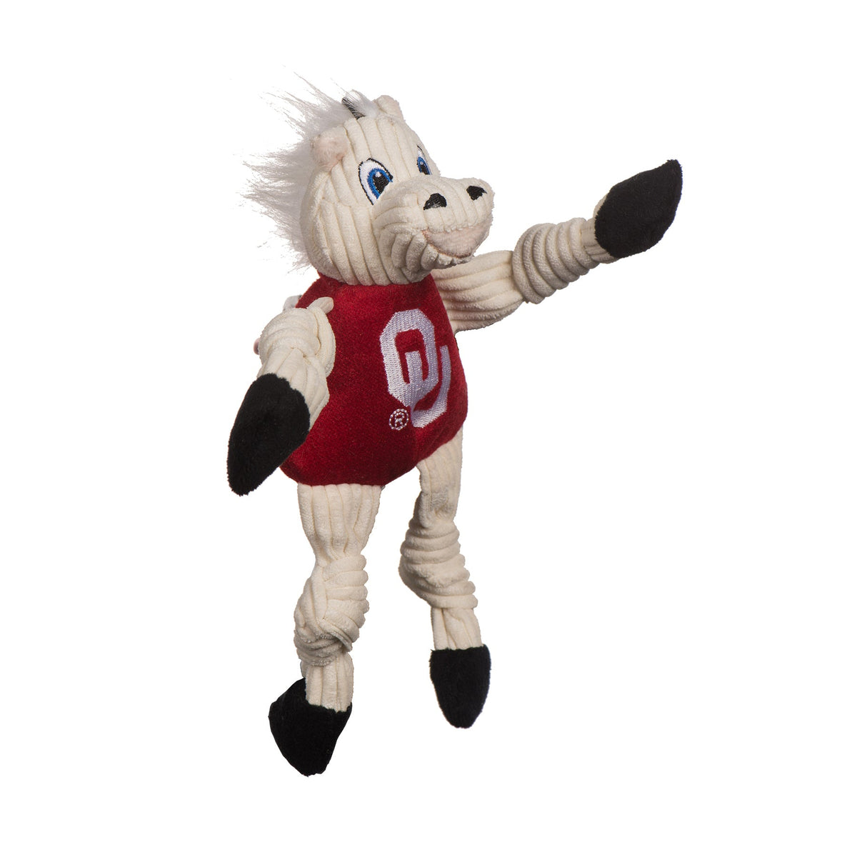 Sooner Knottie dog toy, angled view with a wispy white mane, blue eyes and black hooves