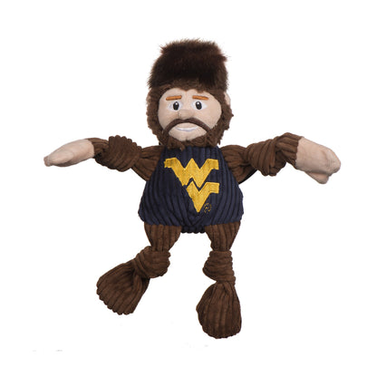 HuggleHounds West Virginia Mountaineer Knottie plush dog toy on white, furry cap, brown beard and Flying WV shirt