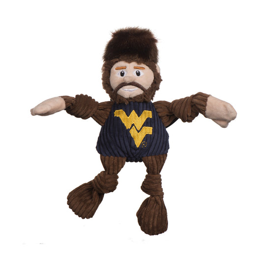HuggleHounds West Virginia Mountaineer Knottie plush dog toy on white, furry cap, brown beard and Flying WV shirt