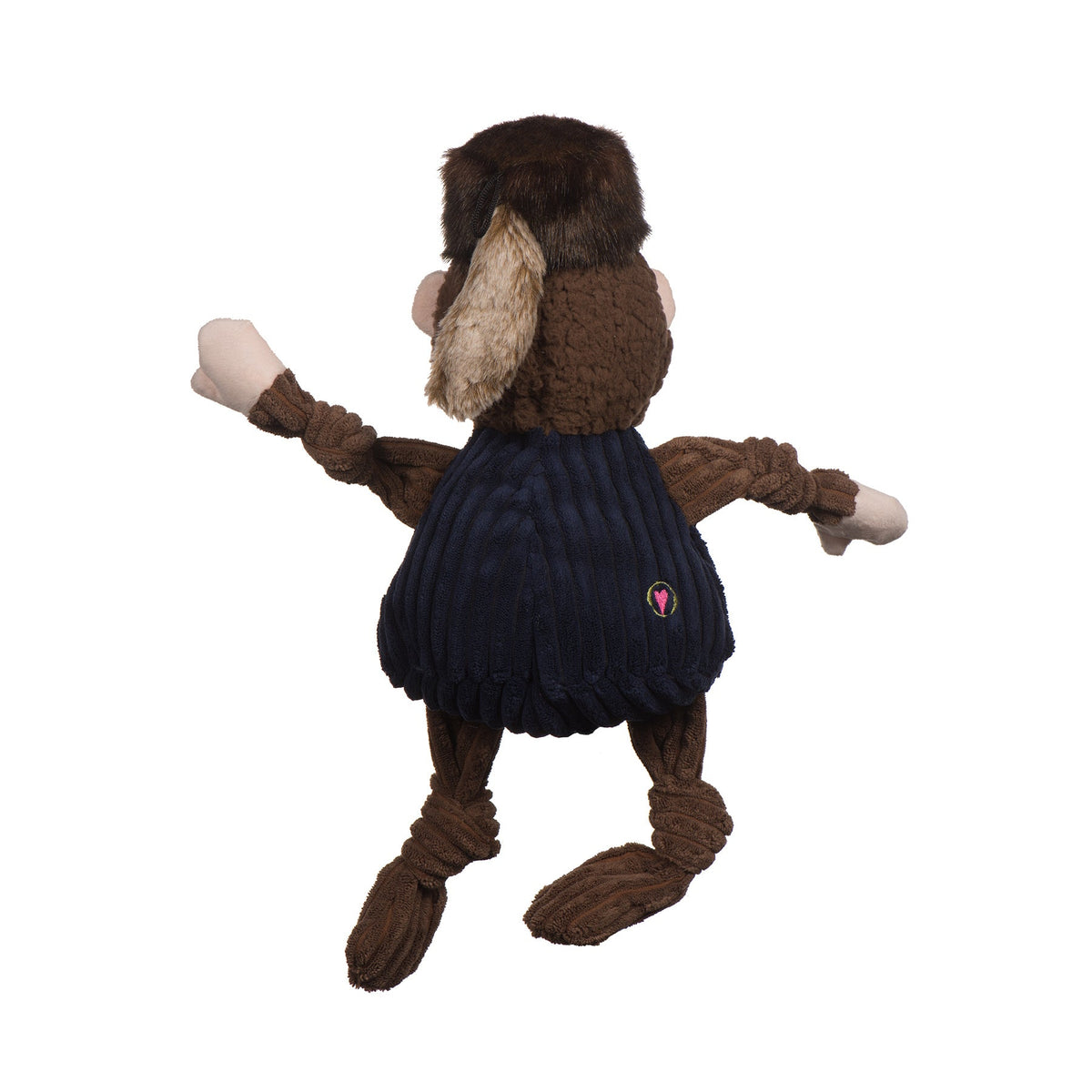 Mountaineer Knottie dog toy from the back, fur cap with a hanging tail and navy corduroy shirt
