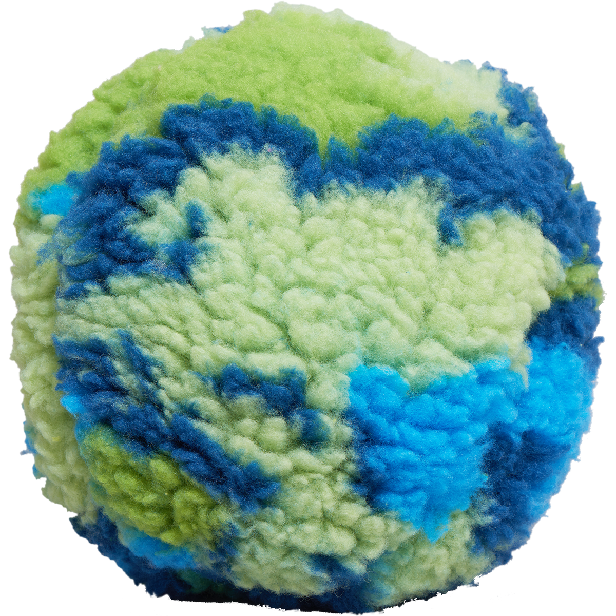 SnuffleSphere puzzle ball's shaggy fleece sphere on its own, swirled lime, pale green and blue like a little globe