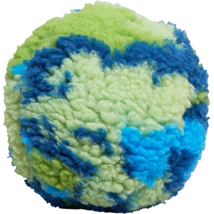 SnuffleSphere puzzle ball's shaggy fleece sphere on its own, swirled lime, pale green and blue like a little globe