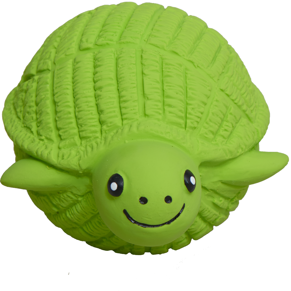 Turtle ball from the SnuffleSphere, lime green ribbed latex shell with a smiling face and flippers, front view