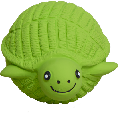 Turtle ball from the SnuffleSphere, lime green ribbed latex shell with a smiling face and flippers, front view