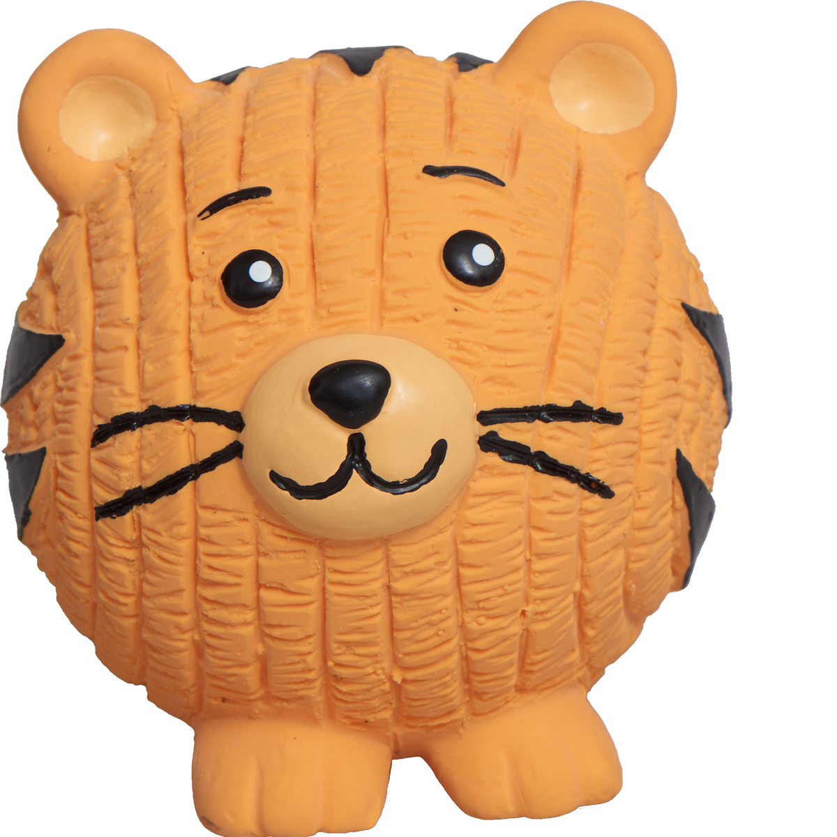 Tiger ball from the SnuffleSphere, orange ribbed latex with black stripes, whiskers and round ears, front view
