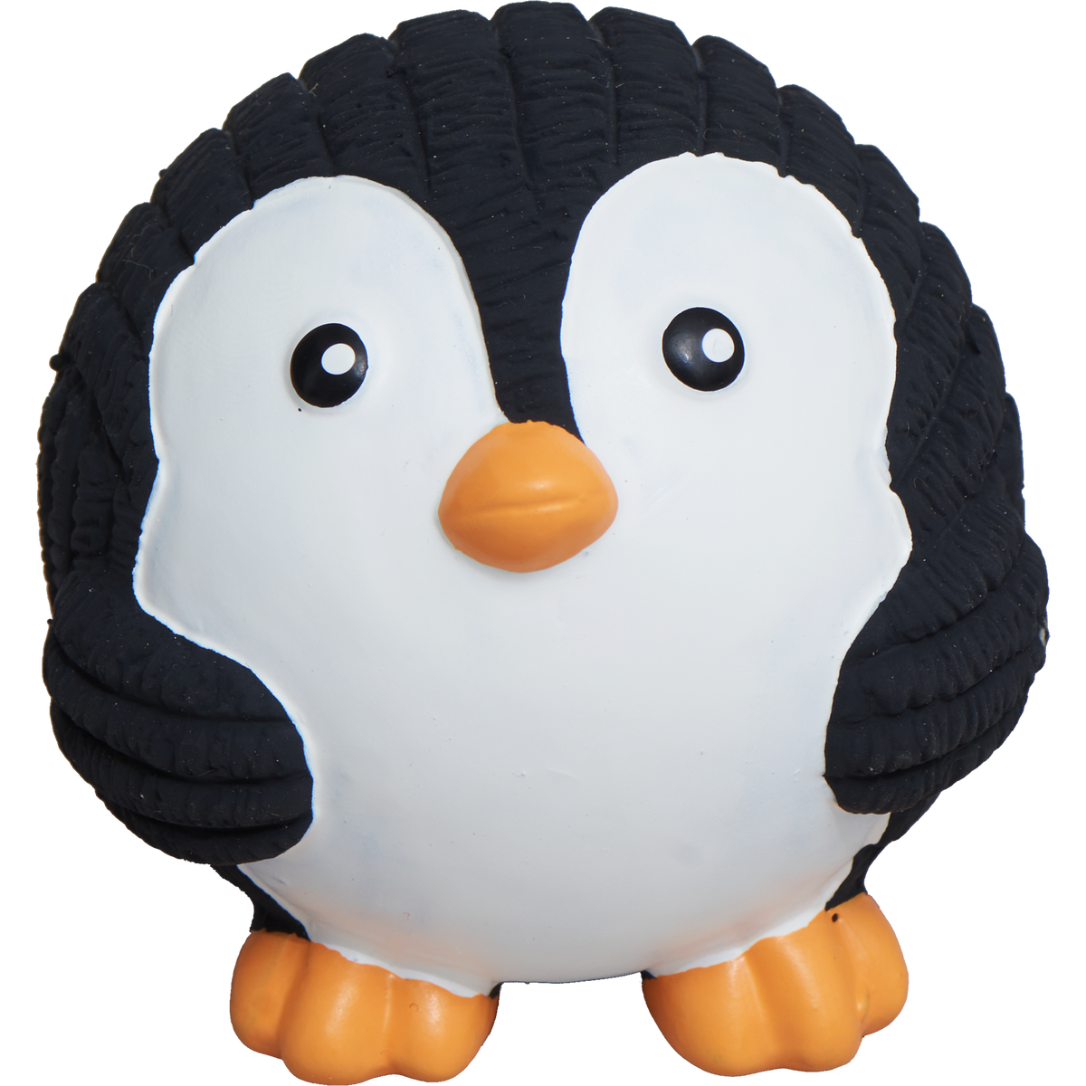 Penguin ball from the SnuffleSphere, black and white ribbed latex with an orange beak and feet, front view