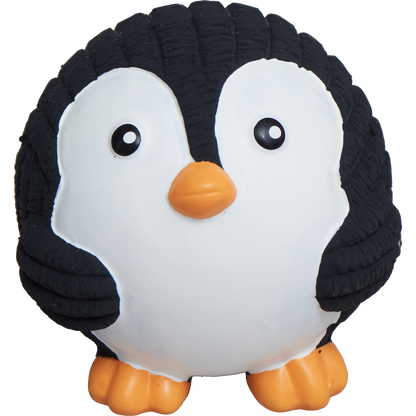 Penguin ball from the SnuffleSphere, black and white ribbed latex with an orange beak and feet, front view