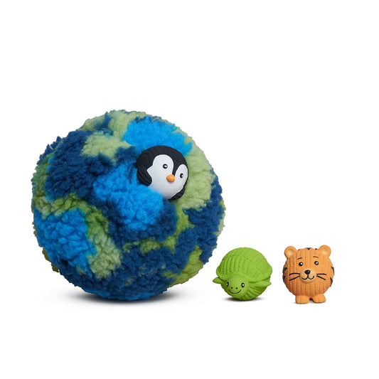 HuggleHounds SnuffleSphere puzzle ball dog toy, blue and green fleece with a penguin ball tucked in, turtle and tiger beside
