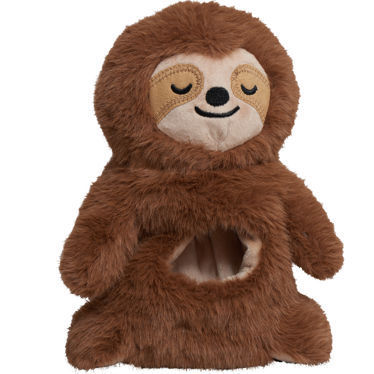 Snuggle and Zoom Sloth plush dog toy, front view with the belly pocket empty and a sleepy embroidered face
