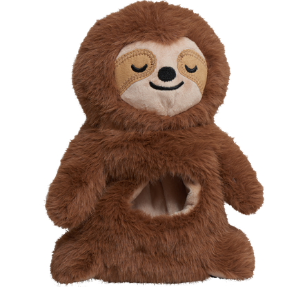 Snuggle and Zoom Sloth plush dog toy, front view with the belly pocket empty and a sleepy embroidered face