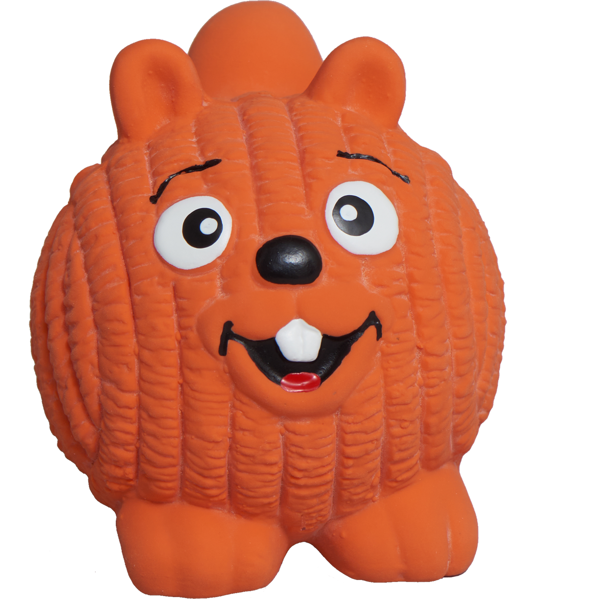 Orange squirrel ball from the Snuggle and Zoom Sloth, close-up of the ribbed rubber squeaker with a buck-toothed grin