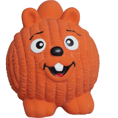 Orange squirrel ball from the Snuggle and Zoom Sloth, close-up of the ribbed rubber squeaker with a buck-toothed grin
