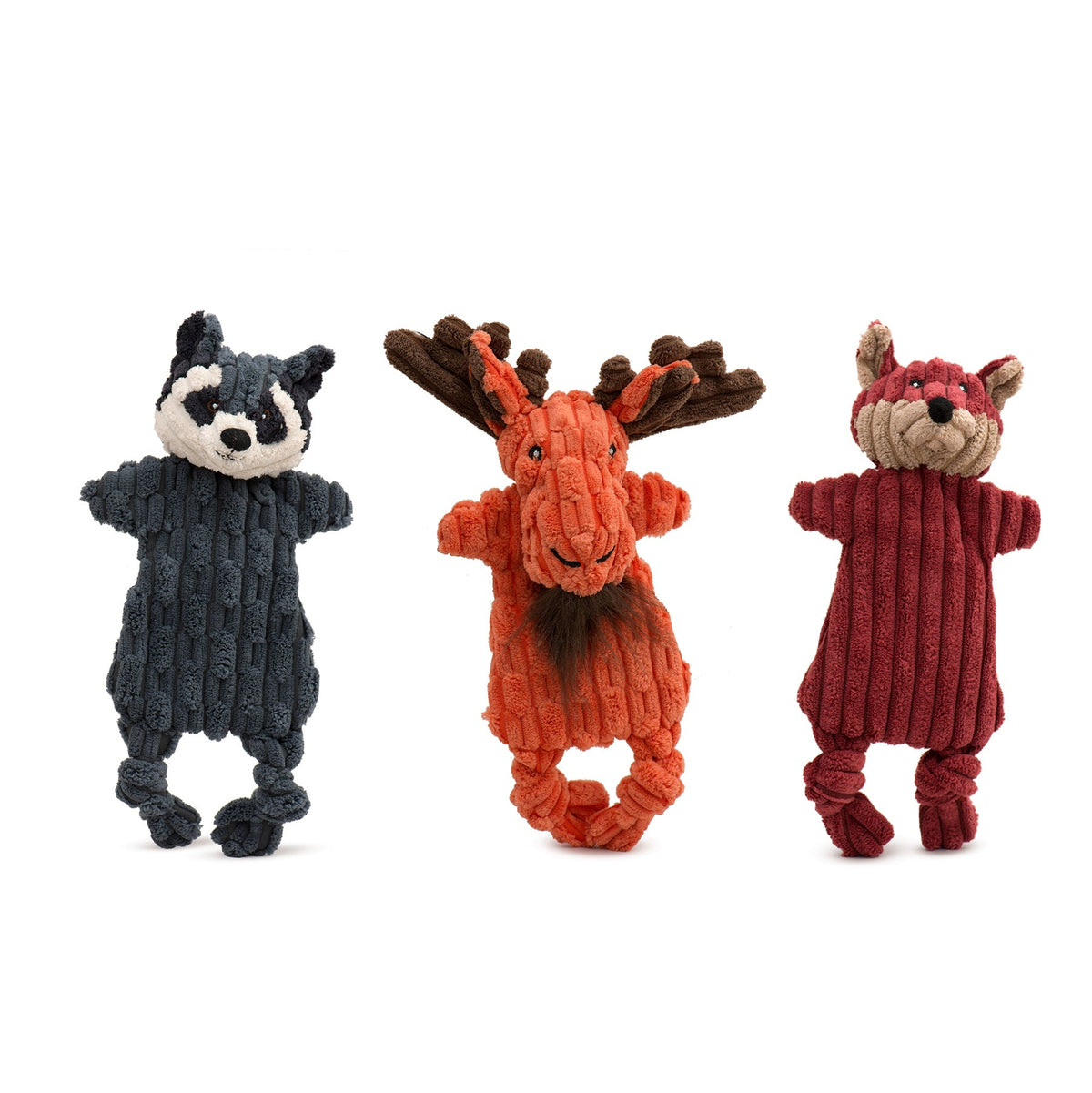HuggleHounds Woodland Flatties 3 pack of flat corduroy dog toys: gray raccoon, orange moose and red fox, front view