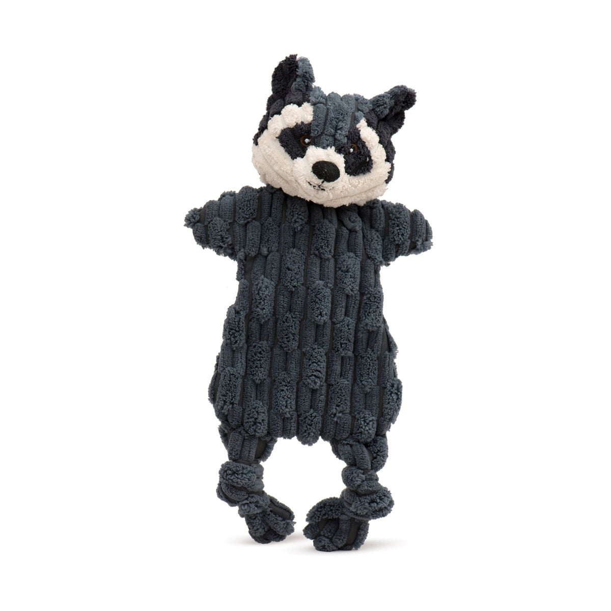 Raccoon from the Woodland Flatties 3 pack, front view of the gray corduroy dog toy with a cream masked face