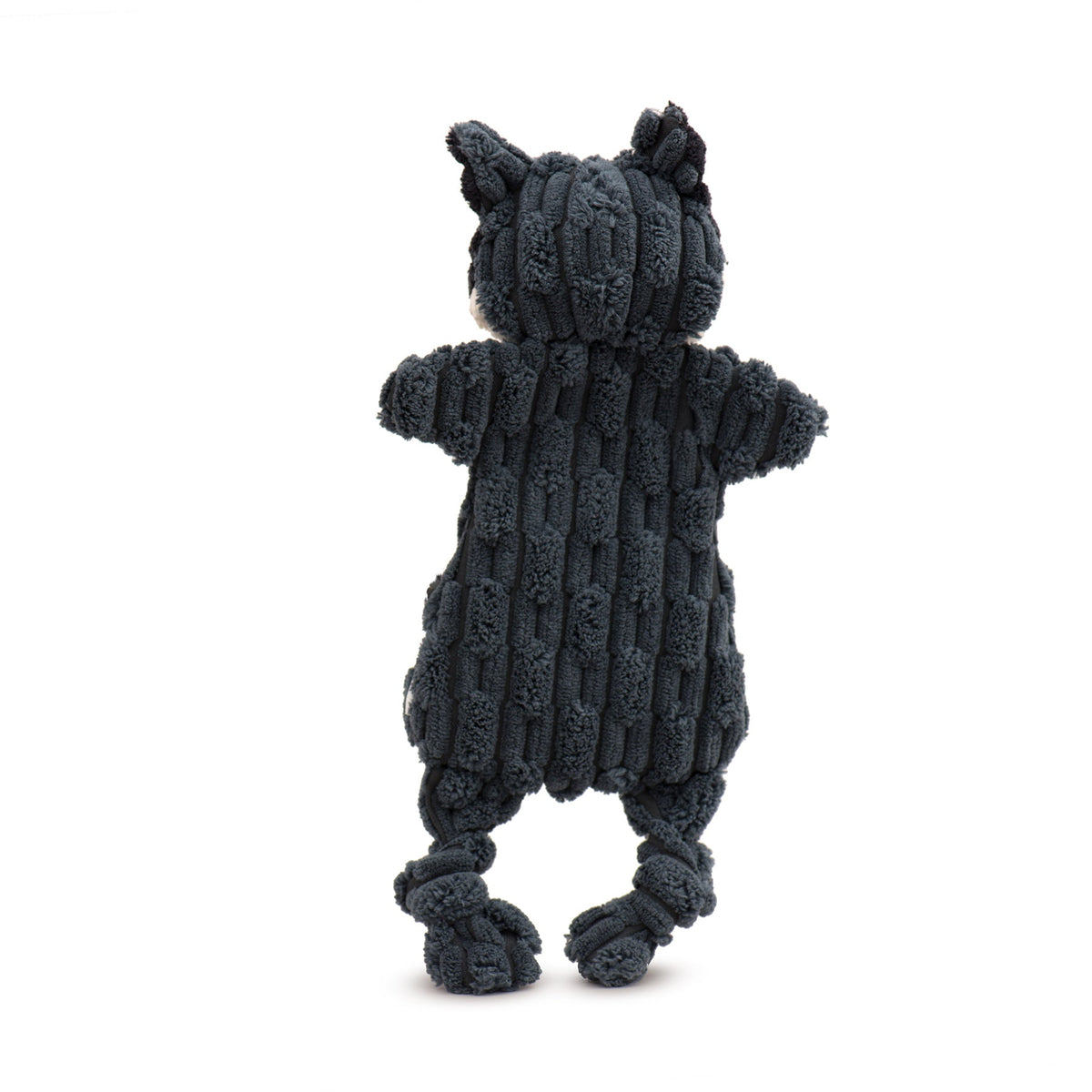 Back view of the gray raccoon Flattie dog toy, showing its flat ribbed corduroy body and two knotted legs