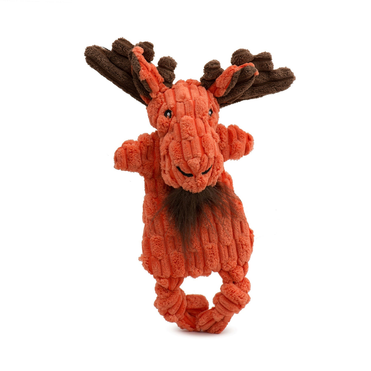 Moose from the Woodland Flatties 3 pack, front view in orange corduroy with brown antlers and a shaggy beard