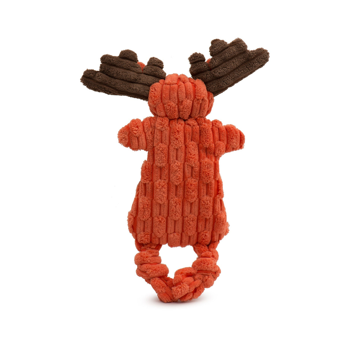 Back view of the orange moose Flattie dog toy, flat corduroy body with brown antlers and knotted legs