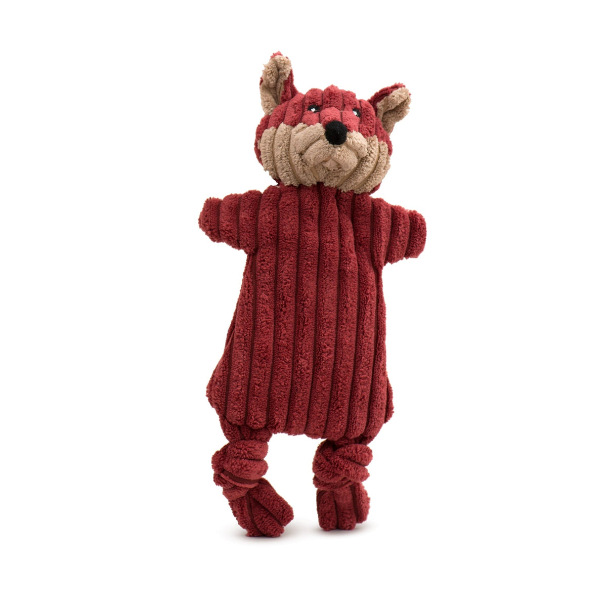 Fox from the Woodland Flatties 3 pack, front view in deep red corduroy with a tan muzzle and knotted legs