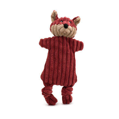 Fox from the Woodland Flatties 3 pack, front view in deep red corduroy with a tan muzzle and knotted legs