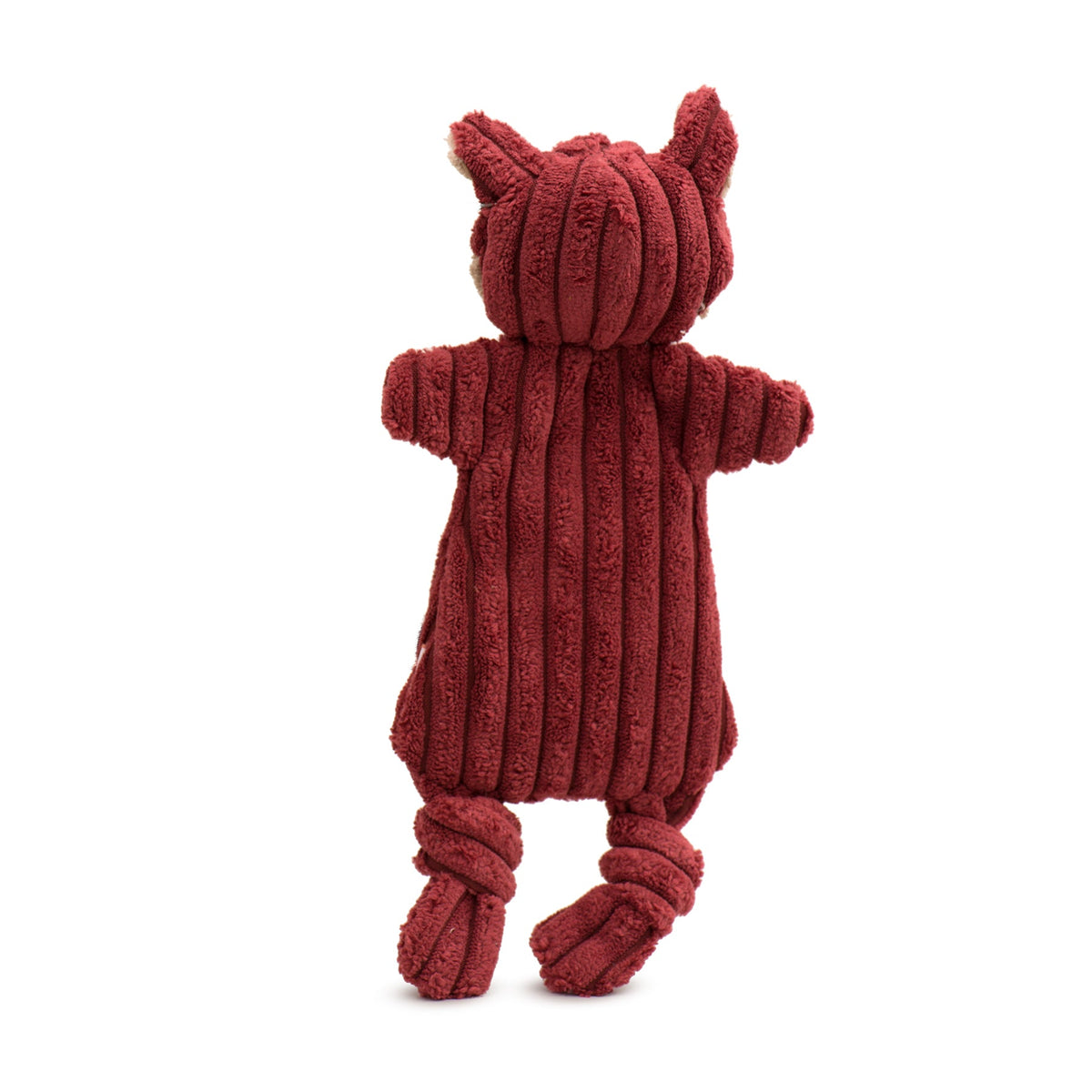 Back view of the red fox Flattie dog toy, showing its flat corduroy body and tan-lined ears