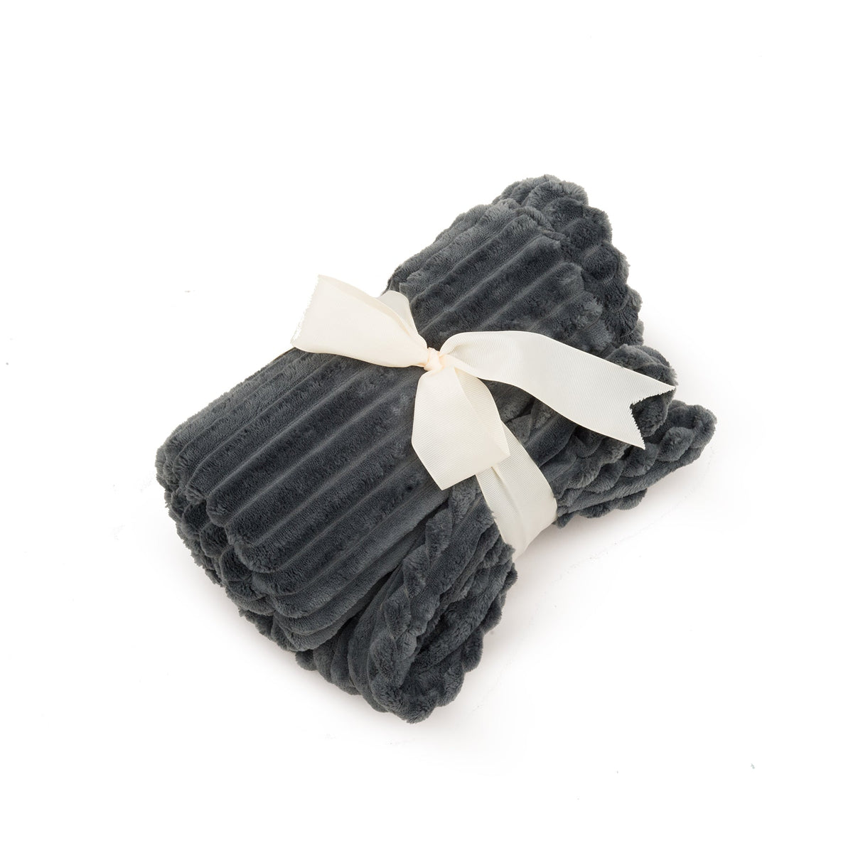 Steel blue Scout Blankie dog blanket rolled and tied with a cream ribbon