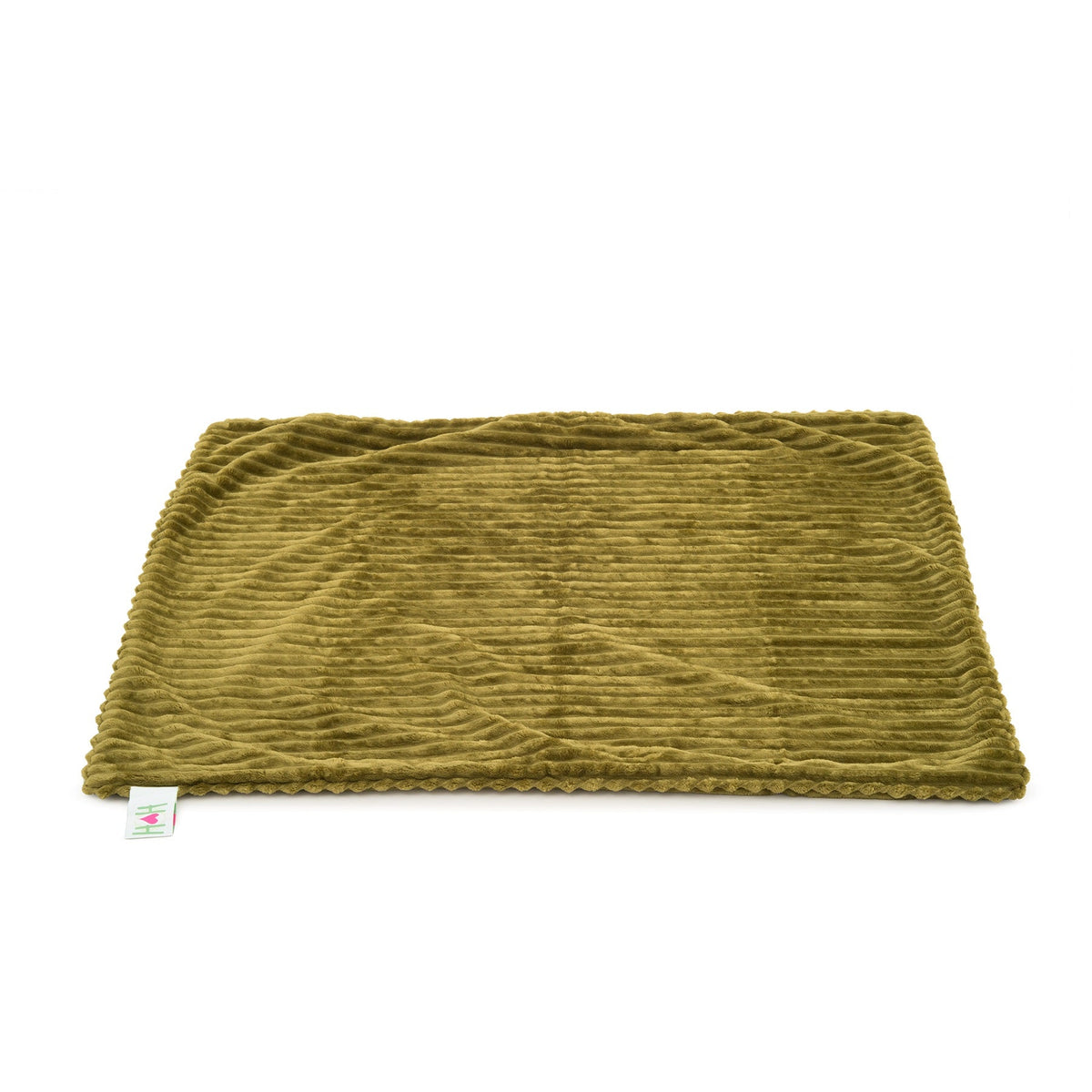 Olive Scout Blankie laid flat, full view of the corduroy plush throw with its HuggleHounds tag