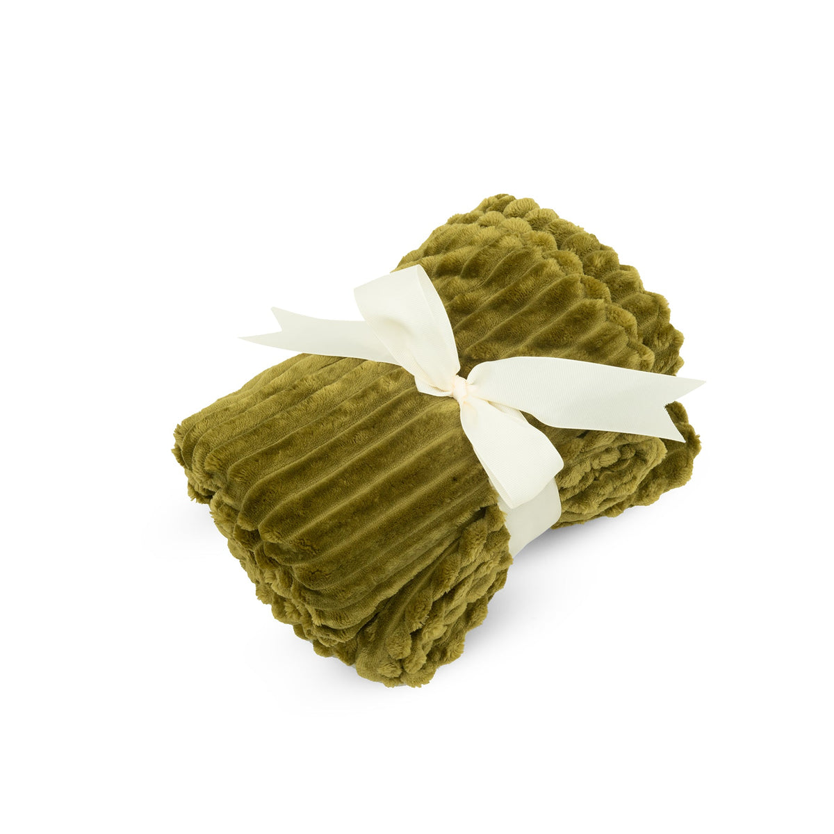 Olive Scout Blankie dog blanket rolled and tied with a cream ribbon