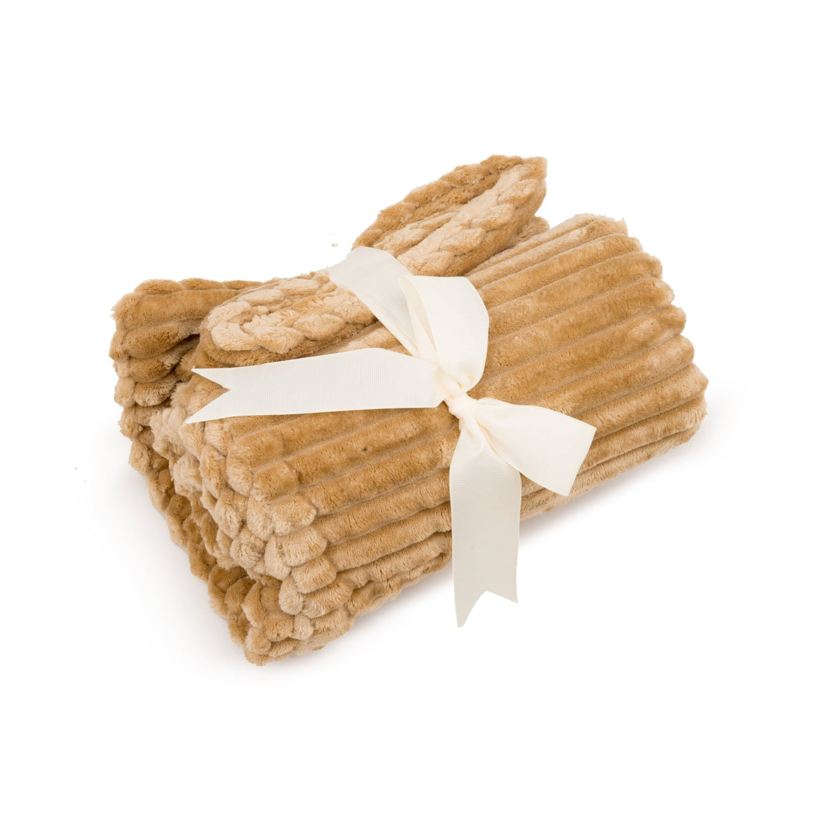Khaki Scout Blankie dog blanket rolled and tied with a cream ribbon