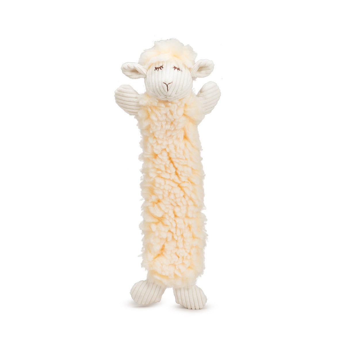 HuggleHounds Louise Lamb long plush dog toy, front view of the cream fleece body with corduroy face, arms and feet
