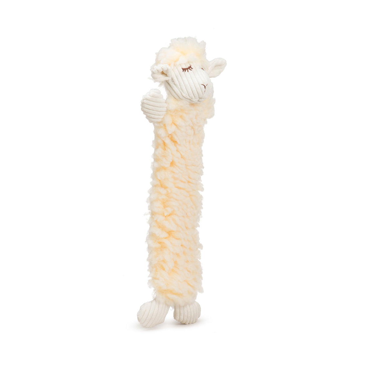 Louise Lamb long plush dog toy at an angle, head turned to show a corduroy ear and sleepy embroidered eyes