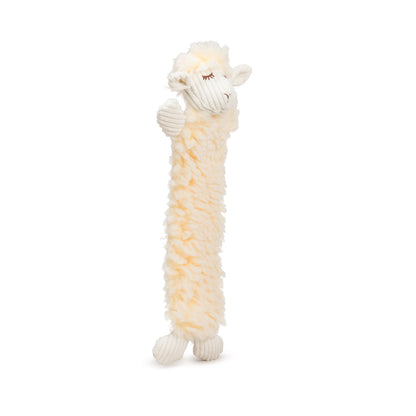 Louise Lamb long plush dog toy at an angle, head turned to show a corduroy ear and sleepy embroidered eyes