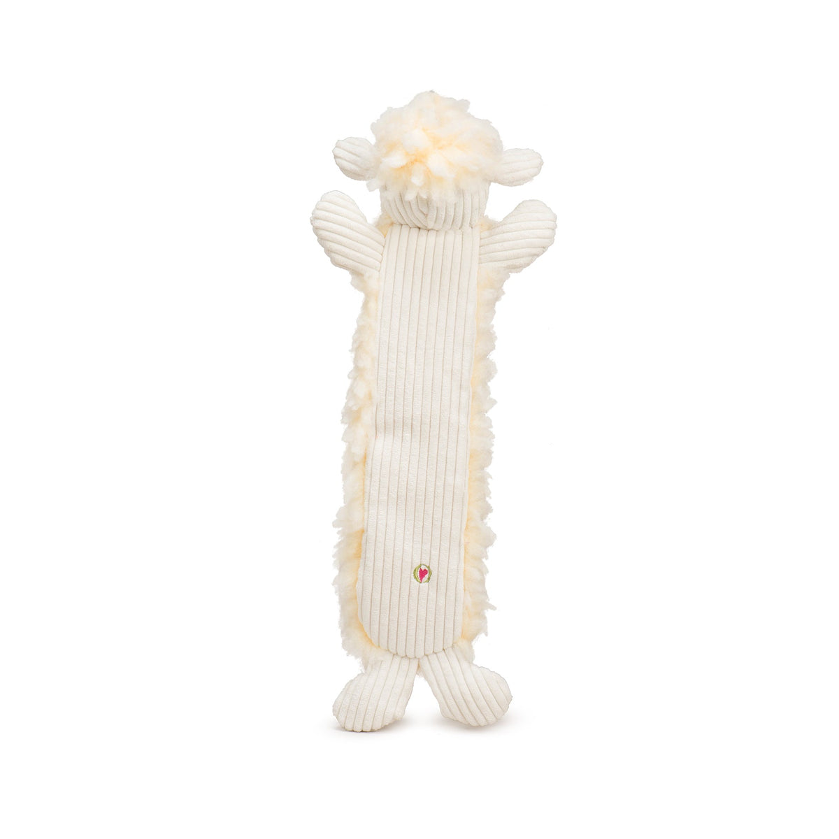 Louise Lamb long plush dog toy, back view showing the flat cream corduroy back with fleece edges