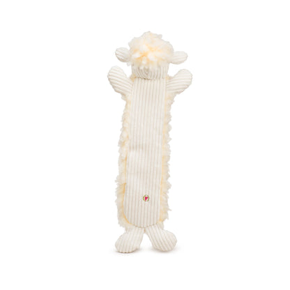 Louise Lamb long plush dog toy, back view showing the flat cream corduroy back with fleece edges