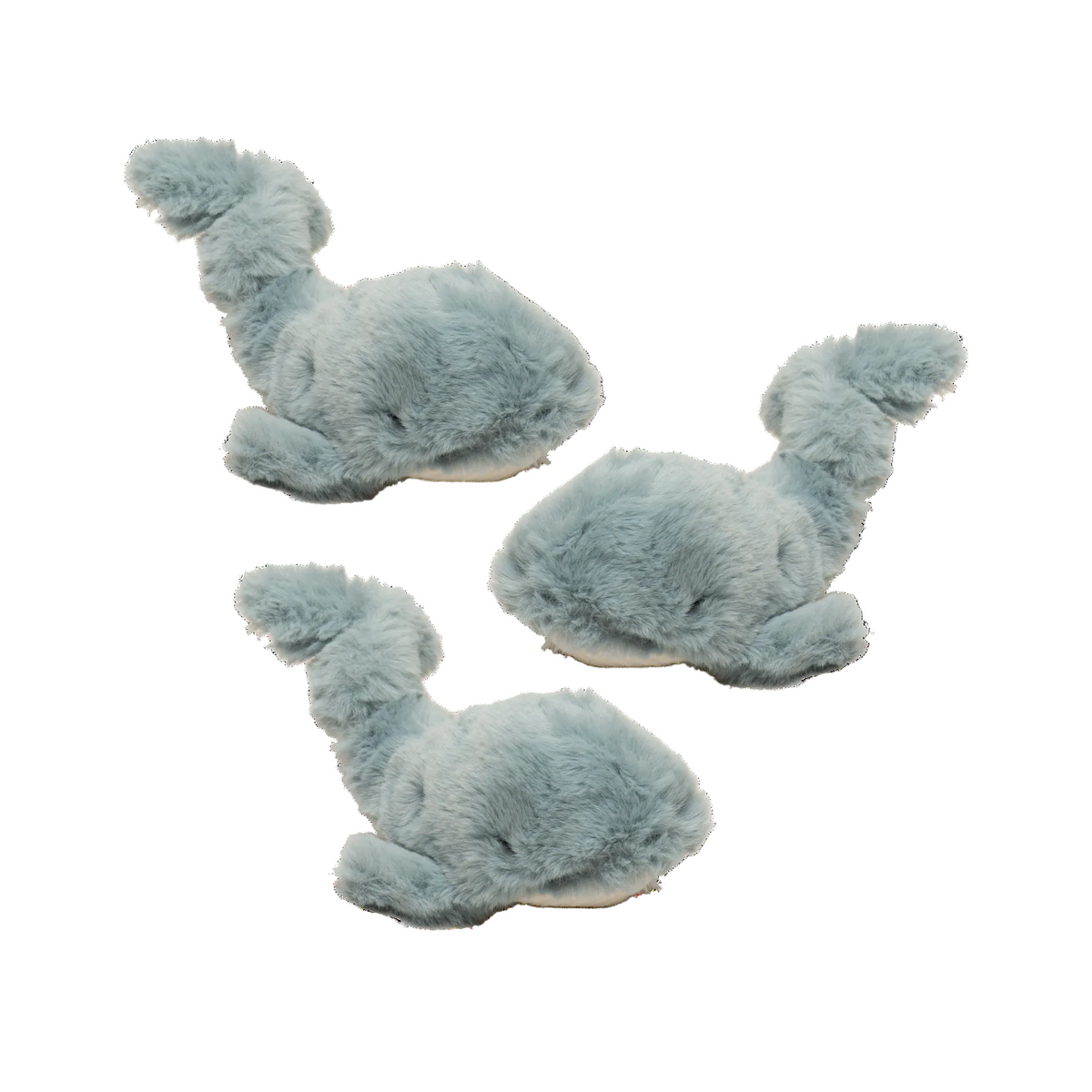 HuggleHounds Mobie Whale Wee Huggles 3 pack of small plush dog toys, three gray fuzzy whales on a white background