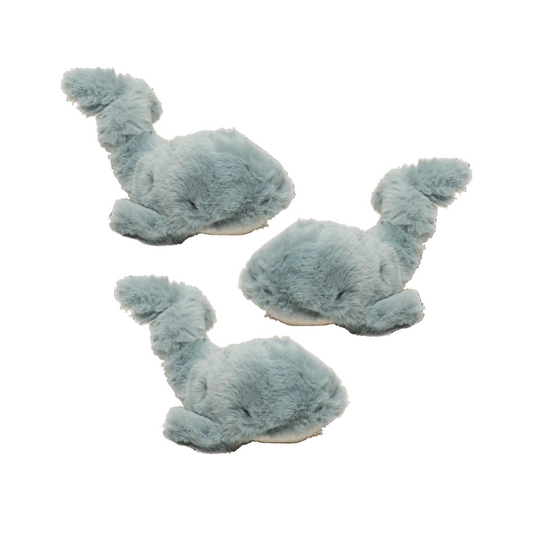 HuggleHounds Mobie Whale Wee Huggles 3 pack of small plush dog toys, three gray fuzzy whales on a white background
