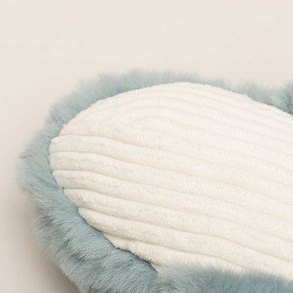 Mobie Whale Wee Huggles underside close-up, ribbed white corduroy belly edged in gray faux fur