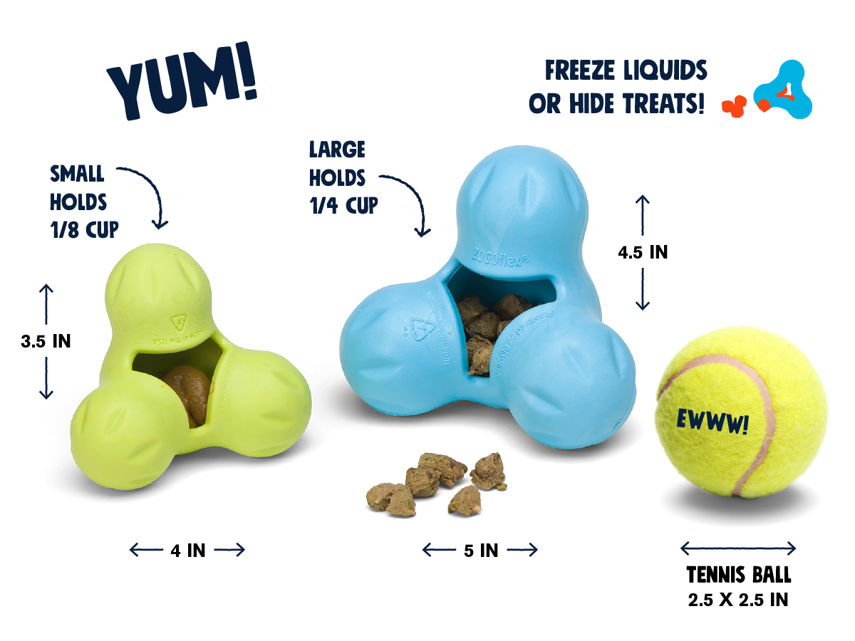 Tux treat toy size chart, Small about 4 in across and Large about 5 in across, shown beside a tennis ball