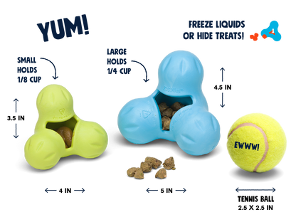 Tux treat toy size chart, Small about 4 in across and Large about 5 in across, shown beside a tennis ball