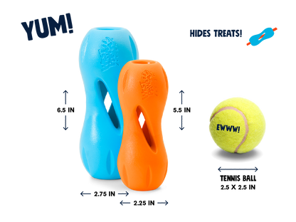 Qwizl size chart: Large 6.5 x 2.75 in, Small 5.5 x 2.25 in, beside a 2.5 in tennis ball for scale